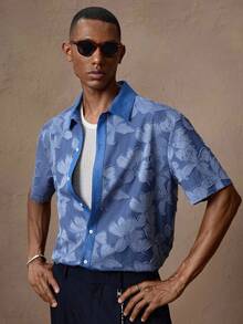 AKNOTIC Áo polo nam tay ngắn dáng rộng, họa tiết hoa jacquard màu xanh dương, thích hợp cho mùa hè, kỳ nghỉ, mặc hàng ngày, dự tiệc, phối đồ đôi, quà tặng cho nam giới. - Màu xanh lam - Xem 4