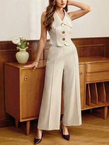 Vintamour Vintage Elegant Women's Suit Set Light Beige,Summer Lapel Metal Button Vest With Pockets & Casual Trousers,Office Work Wear Vacation Outfit Sets - Beige - View 4