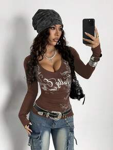 StreetHx 女士黑色V领修身打底衫，哥特银色印花，朋克摇滚万圣节休闲街头风Y2K坏女孩2000风格长袖T恤 - 棕色 - 查看 4