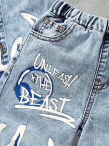 2pcs/Set Young Boy New Fashion Distressed Street Cool Style Graffiti Flame Print Loose Fit Blue Denim Short Sleeve Shirt And Long Jeans Shorts Set Spring Summer, For Kids Boy Spring/Summer Dailywear Outfits,Boys Streetwear Outfits,Beach Vacation Outfits For Boys,Boys Summer Boho Outfits,Casual Clothes For Boys,Graphic Jeans Boys,Toddler Two-Piece Set,4-Year-Old Boys Two-Piece Set,Summer Two-Piece Set,Casual Two-Piece Set - Light Wash - View 6