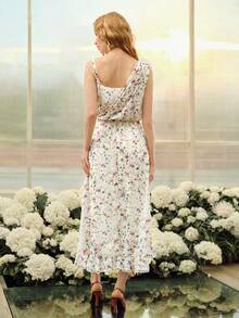 MOTF PREMIUM WOMEN'S ROMANTIC FLORAL PRINT ASYMMETRICAL NECK DRESS, SPRING/SUMMER - Apricot - View 4