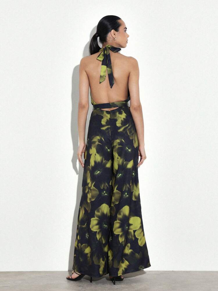 KSTM Women's Halter Neck Backless Floral Print Maxi Jumpsuit With Plunge Neckline And Flowy Wide Leg Palazzo Style
