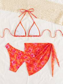 Swim Basics Bộ bikini 3 món in họa tiết hoa, đồ bơi đi biển cho kỳ nghỉ. - trái cam - Xem 2