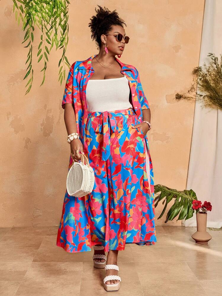 Plus Size Floral Print Long Shirt And Pants Two Pieces Casual Vacation Set Women's Summer Co Ord Women's Summer 2 Pieces Sets Wedding Guest Outfits Curve Women's Summer Two-Piece Sets Summer Outfits Summer Clothes Spring Dress Spring Outfit Women Spring Clothing Beach Vacation Outfits For Women Vacation Dress Bohemian Festival Outfits For Women Beach Outfits For Women