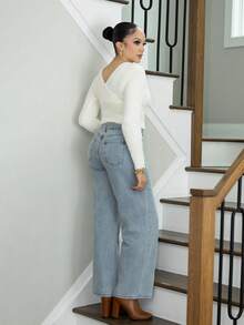 Melissa Matos 斜口口袋直筒牛仔褲 - 淺色水洗藍 - 查看 4