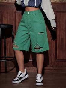 SHEIN ICON Women's Pocket Button Distressed Casual Versatile Daily Wear Denim Shorts - Green - View 5