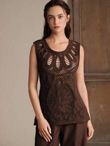 Anewsta Blusa casual ajustada de talla grande para mujer con cuello redondo y diseño calado de unicolor - Marrón - Ver 4
