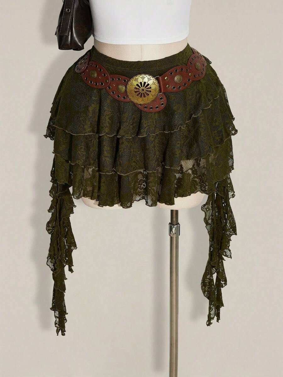 SHEIN ICON 大码度假休闲性感白色蕾丝荷叶边迷你裙，配有安全短裤，适合夏季、音乐节和返校季穿着。 - 軍綠色 - 查看 1