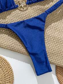 Swim Vcay Bộ bikini hai mảnh màu trơn dành cho nữ, dây mảnh, đính kim loại, kiểu thong, thích hợp cho kỳ nghỉ hè ở bãi biển. - Màu xanh lam - Xem 5