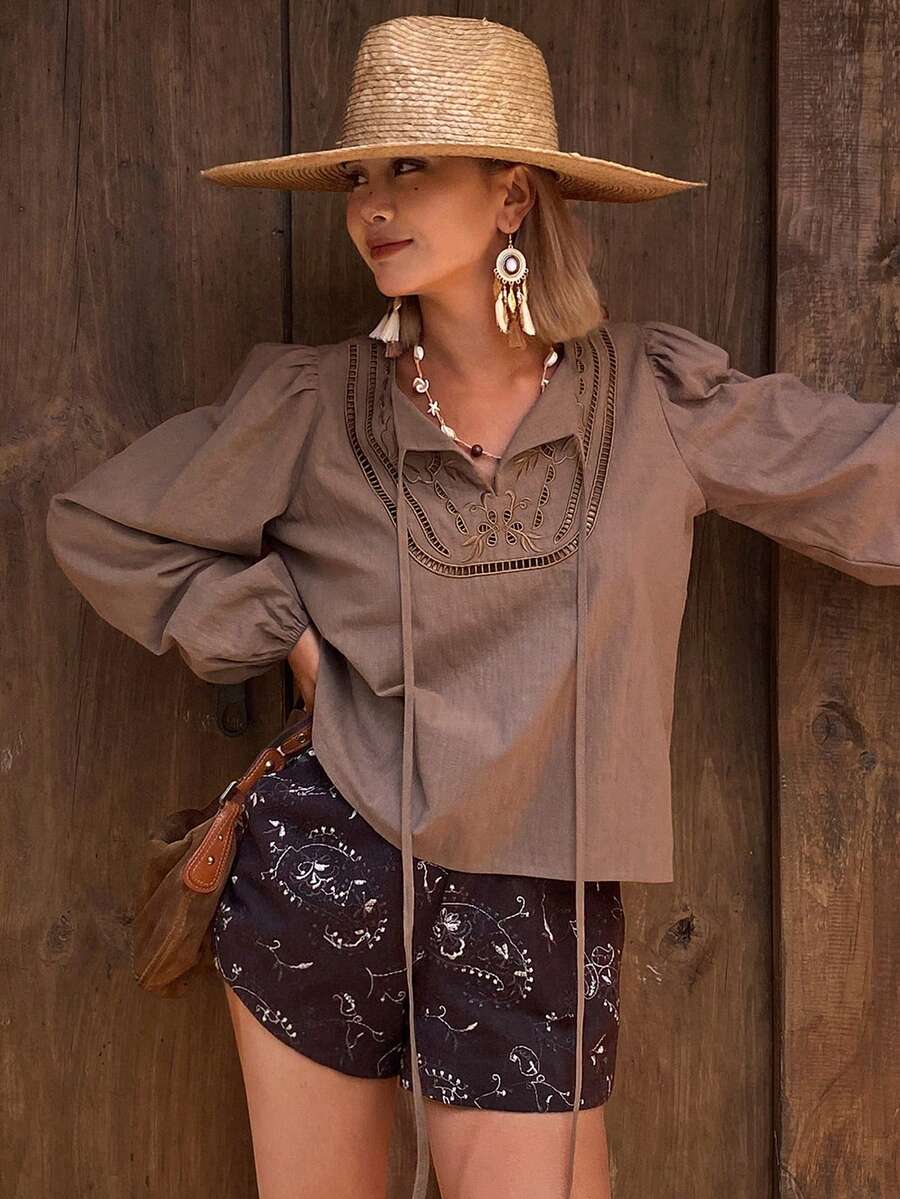 DAZY Embroidered Hollow Lace-Up Loose Long Sleeve Pullover Elegant Summer Blouse For Women - Brown - View 1