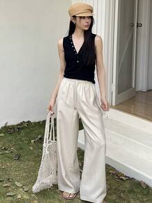 DAZY Women's Solid Color Patchwork Hollow Floral Lace Loose Wide Leg Pants, Casual Vacation Summer Trousers - Apricot - View 3