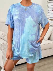 SHEIN 2件套孕妇夏季休闲扎染印花T恤和短裤套装 - 彩色 - 查看 7