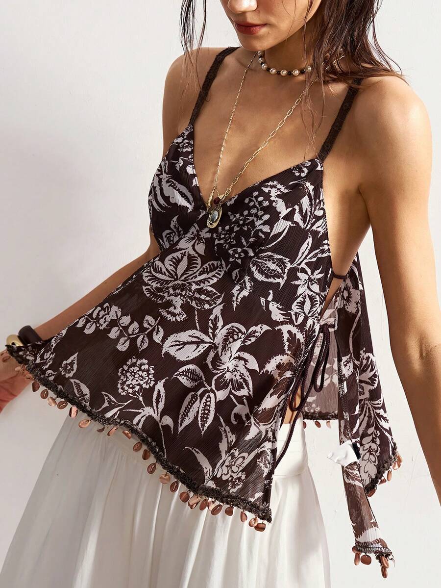 Bohemela 女士夏季度假海滩浪漫波西米亚西部乡村音乐节复古佩斯利花纹休闲宽松A字背心，夏季上衣，女士夏季穿搭，自由休闲风格，时尚女装，海滩，夏季度假 - 棕色 - 查看 1