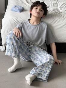 DAZY Tween Boy Solid Color Short Sleeve Top And Plaid Pants Pajama Set Summer - Grey - View 6