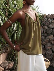 Vesra 新款时尚宽松露背吊带上衣 - 橄欖綠 - 查看 7