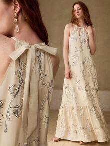 MOTF PREMIUM WOMEN'S LONG DRESS, FRENCH VACATION STYLE HEAVILY BEADED LINEN HALTER NECK DRESS - Apricot - View 1