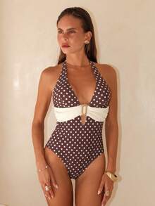 Shapewave Women's Polka Dot Print Spaghetti Strap Backless One-Piece Swimsuit, Suitable For Beach & Holiday, Spring/Summer - Multicolor - View 3