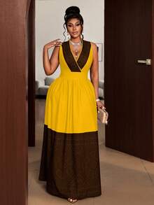 Maweii Vestido de fiesta elegante con cintura fruncida y parches para mujer de talla grande - Amarillo - Ver 4