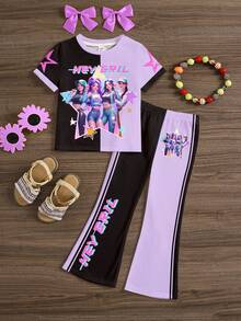 2件套卡通女孩彩色紫色和黑色撞色T恤和喇叭裤，多巴胺色调，韩流少女休闲简约卡通图案圆领短袖T恤和喇叭裤，适合夏季户外野餐、街头摄影、居家、校园等场合。 - 彩色 - 查看 3