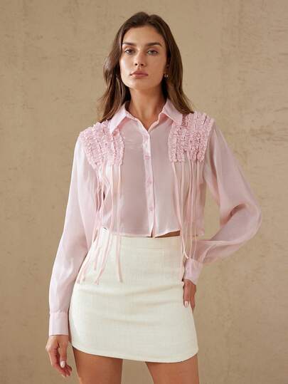 Aveloria Rosie Spring/Summer New European And American Retro Style Wood Tassel Decor Semi-Sheer Long Sleeve Shirt, Versatile For Daily Wear And Commuting