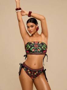 Travachic Plus Size Vacation Beach Plant Print Swimwear Set - Multicolor - View 9