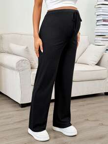 SHEIN Maternity Solid Color Adjustable Waist Loose Straight Pants - Black - View 7
