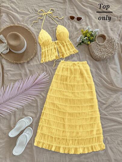 Soleia Women's Solid Color Halter Tie-Up Top And Mini Skirt Fashion Date Outfit Set