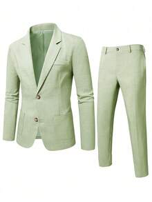 Manfinity Mode 男士极简通勤翻领单排扣西装外套和裤子套装 - 綠色 - 查看 3