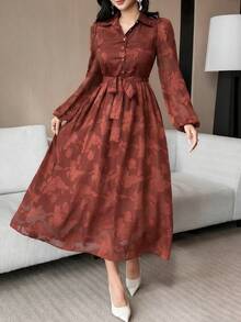 DAZY 女士优雅印花系带中长连衣裙，秋冬款 - 棕色 - 查看 3