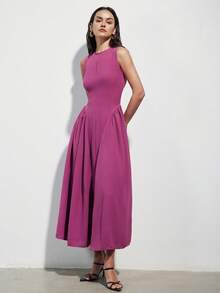 Aveloria Modichic 极简主义无袖圆领连衣裙，腰部褶裥设计，莫兰迪紫色，优雅百搭，适合通勤、约会和聚会。 - 紫色 - 查看 4