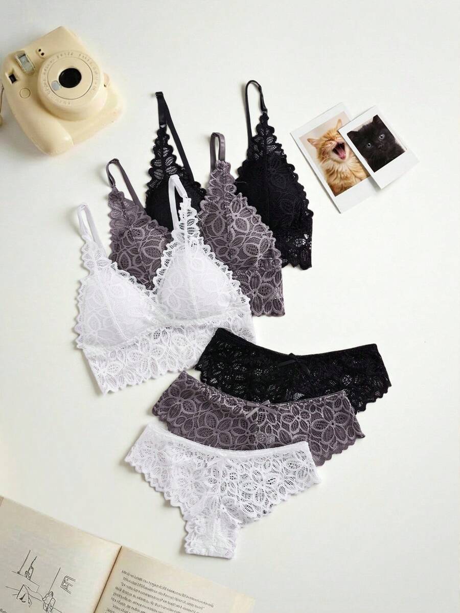 Lowkey Lull 3packs Floral Lace Lingerie  Bra & Panty Sets - Multicolor - View 1