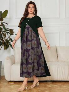 Lacomfia Plus Size Women Button Decor Floral Print Round Neck Short Sleeve Casual Dress - Dark Green - View 5