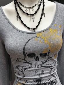 StreetHx Women's Round Neck Letter & Skull Print Casual Daily Party Going Out Mini Dress - Grey - View 3