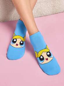 THE POWERPUFF GIRLS X SHEIN 3双装柔软透气吸湿休闲糖果色短袜，甜美图案，时尚可爱卡通粉色、蓝色和绿色女款短袜，加固趾部和脚跟，经久耐穿，四季皆宜，夏季和冬季百搭，印花图案，花朵、泡泡和毛茛 - 彩色 - 查看 6