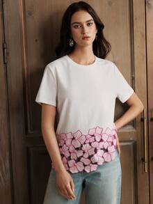 Anewsta Women's Heavy Embroidery & Beaded T-Shirt - White - View 6