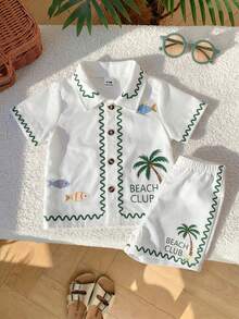 SHEIN Playful Pals 2件組男童熱帶度假風純白夏季可愛度假套裝 短袖襯衫&彈性腰短褲 嬰兒夏威夷波希米亞海灘穿搭 6M-3T - 白色 - 查看 7