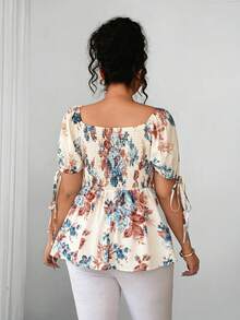 Elenzga Áo kiểu nữ cỡ lớn mùa hè mới, chất liệu chiffon in họa tiết, xếp ly, cổ vuông, tay phồng, ôm eo, phong cách retro, phù hợp cho kỳ nghỉ, đi làm hàng ngày, đi chơi, hẹn hò, họp mặt, tiệc tùng. - Nhiều màu - Xem 3