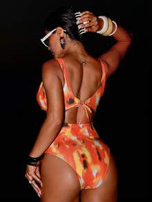 Swim SXY Red Orange,Summer,Cute,Beach Party,Holiday Tie Dye Print Deep V Lace-Up Circular Ring One-Piece Backless Swimsuit, Women's Bikinis Bathing Suits - Multicolor - View 2
