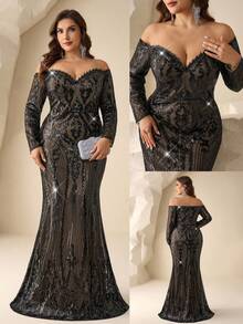 Coutiva 大码优雅亮片刺绣露肩长袖深V领鱼尾裙摆正式晚礼服，饰有褶皱缎带设计。适合婚礼宾客、毕业典礼和婚前派对等场合穿着。 - 黑色 - 查看 1