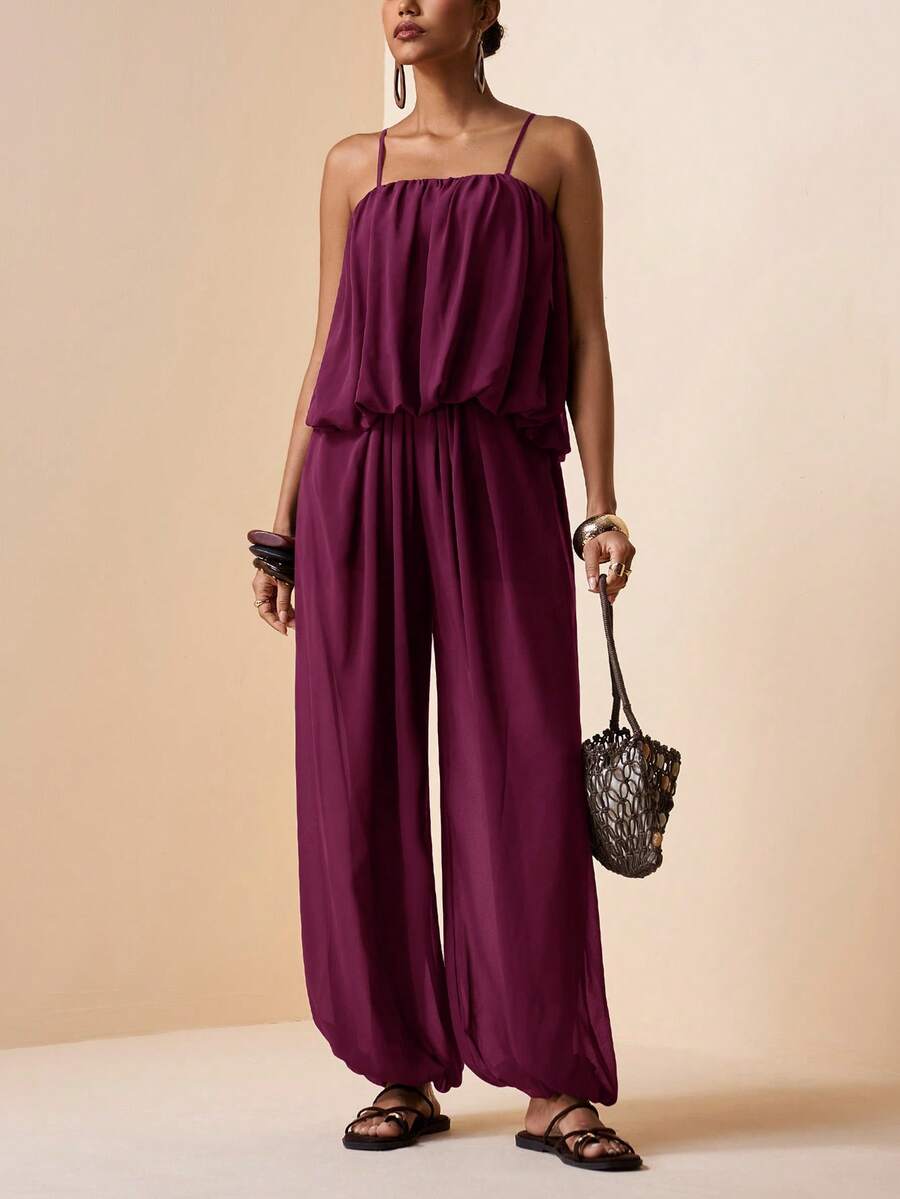 Zivah 2026春夏新款音乐节、复活节、圣帕特里克节、情人节、约会、西部风、游牧风、生日派对、毕业典礼、大学、学生、日常休闲、基础款、休闲、度假、邮轮、海滩、日光浴、热门款、街头风、婚礼宾客、通勤、早午餐、机场、派对、假日郊游、办公装、荷叶边吊带上衣和带口袋的阔腿裤，雪纺棕色两件套 - 紫色 - 查看 1