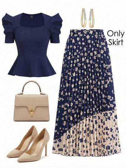 Ellevyn Women's Floral Print Elegant Pleated Midi Skirt, Suitable For Vacation Blue Brunch Outfits For Women Navy Blue Outfit Women Skirt And Top Summer Outfits For Women Elegant Rich Women Outfits, Spring&Summer Outfit For Women, Easter, Elegant Party Outfit, Beach Outfits, Graduation Outfit For Mother, Graduation Dress,Bridesmaid Dress, Wedding Guest Dresses, Wedding, Vacation Outfits Women, Summer Holiday Outfits, Formal Attire For Women, Y2k, Office Outfits For Women , Floral Sets