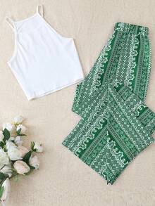 GlowEve Petite 1 Set Women Spaghetti Strap Tank Top + High Waist Elastic Waist Casual Pants - Green - View 2