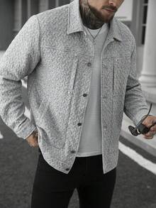 Manfinity Homme 男士夹克，男士休闲纯色夹克，灰色男士纽扣夹克，适合春秋季穿着，男士休闲工装口袋纯白色纹理衬衫夹克，休闲简约风格，都市成熟风格，英伦绅士风格，意式优雅风格，男士衬衫夹克，白色男士衬衫夹克，灰色夹克 - 灰色 - 查看 4
