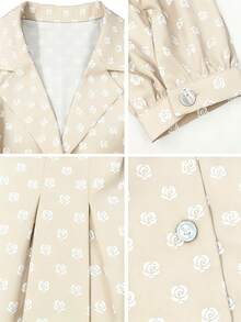 SHEIN PariChic Women's Elegant Rose Print Long-Sleeved Dress,Beige Summer Date A-Line Short Dress With Bow Belt,Front Buttons, Puff-Sleeved Stylish Design - Apricot - View 5