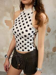 Rina Fox Women's Halter Neck Polka Dot Lace Patchwork Sexy Y2K Camisole - Beige - View 1