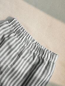 Souflis Souflis 3件套男婴幼儿新生儿0-3岁春夏休闲绅士度假风短袖衬衫、蓝白条纹短裤、可拆卸披肩三件套 - 黑與白 - 查看 7
