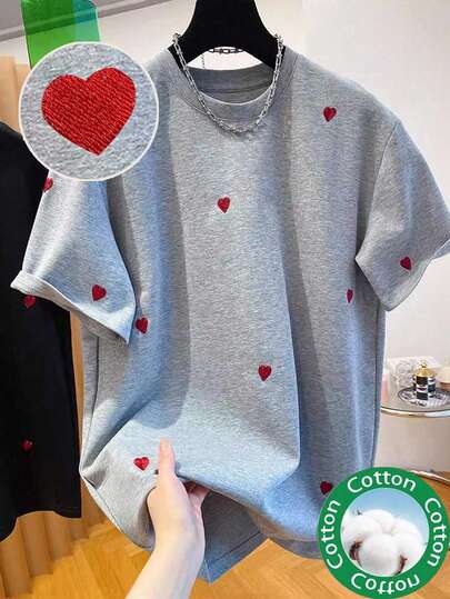 INAWLY Women's 100% Cotton Red Heart Embroidery Crew Neck Short Sleeve T-Shirt, Summer Loose Casual Versatile Basic Top