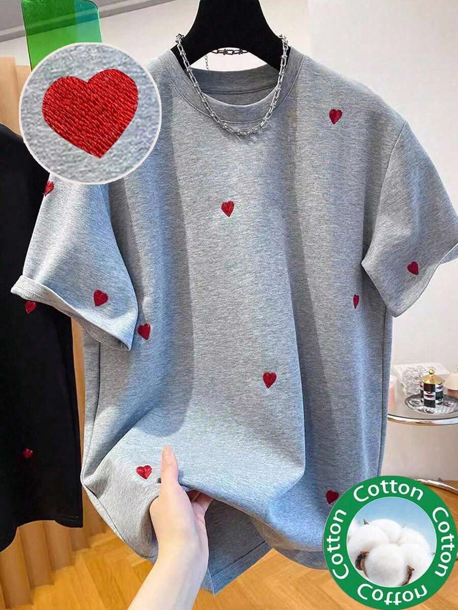 INAWLY 女士100%纯棉红色爱心刺绣圆领短袖T恤，夏季宽松休闲百搭基础款上衣 - 黑色 - 查看 1