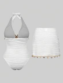 Swim Oasis White Summer Casual Holiday Party Vacation Elegant Starfish & Shell One-Piece Swimsuit,Paired With Skirt 2 Pieces Set Women's Beach Boho Swimwear - White - View 3