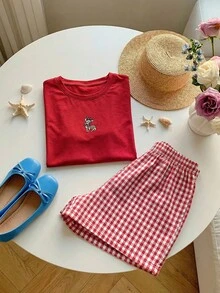 SHEIN EZwear 2件套春夏刺绣可爱短袖T恤和格子短裤休闲家居服，大码 - 紅色 - 查看 6